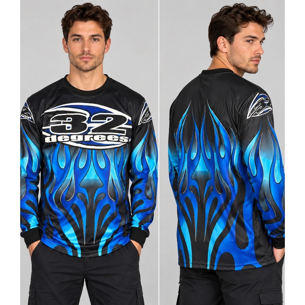 32 Degrees Mens Blue Flame Motocross Jersey Long Sleeve XL Black Mesh BMX Racing